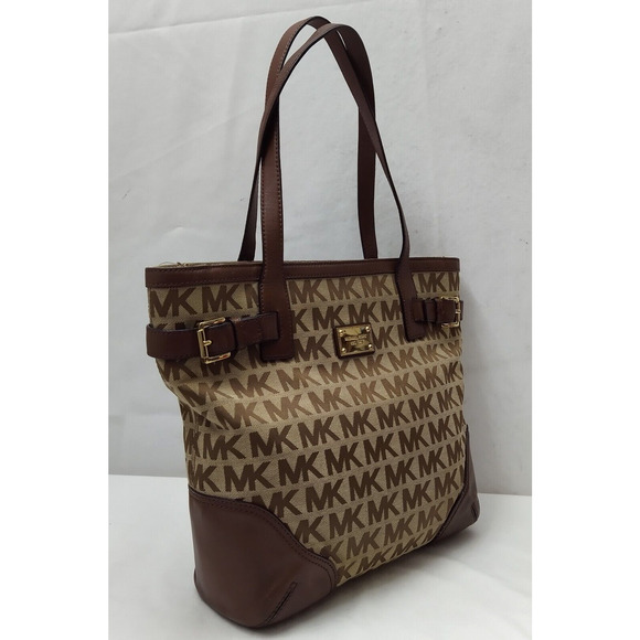 Michael Kors Brown Canvas Leather Trim MK Printed Double Handle Zipper Tote Bag - Picture 3 of 16